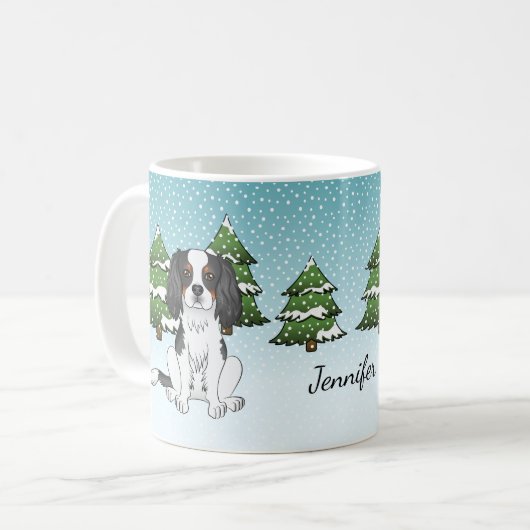 Tricolor Cavalier King Charles Spaniel im Winter Kaffeetasse (Vorderseite Links)
