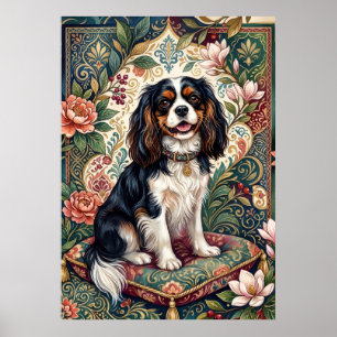 Tricolor Cavalier Spaniel Florale Volkskunst Poster