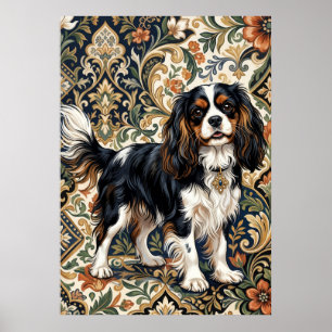 Tricolor Cavalier Spaniel Verzierte Blumenkunst Poster