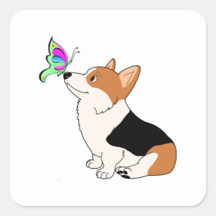 Tricolor Corgi mit Schmetterling Quadratischer Aufkleber