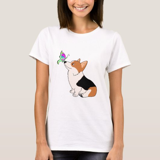 Tricolor Corgi mit Schmetterling T-Shirt (Vorderseite)