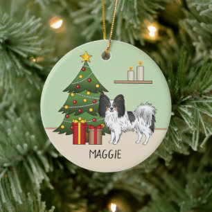 Tricolor Papillon Cartoon Dog von einem Weihnachts Keramik Ornament