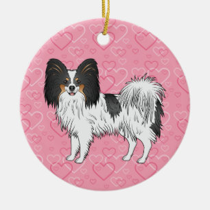 Tricolor Papillon Dog On Pink Hearts Pet Memorial Keramik Ornament