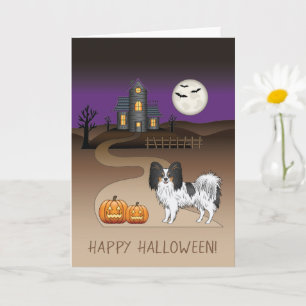 Tricolor Papillon Dog und Halloween Spuk Haus Karte
