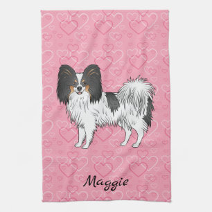 Tricolor Papillon Süßer Cartoon-Hund auf rosa Herz Geschirrtuch