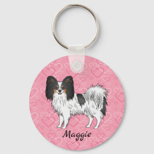 Tricolor Papillon Süßer Cartoon-Hund auf rosa Herz Schlüsselanhänger