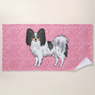Tricolor Papillon Süßer Cartoon-Hund auf rosa Herz Strandtuch