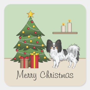 Tricolor Papillon Süßer Hund an einem Weihnachtsba Quadratischer Aufkleber