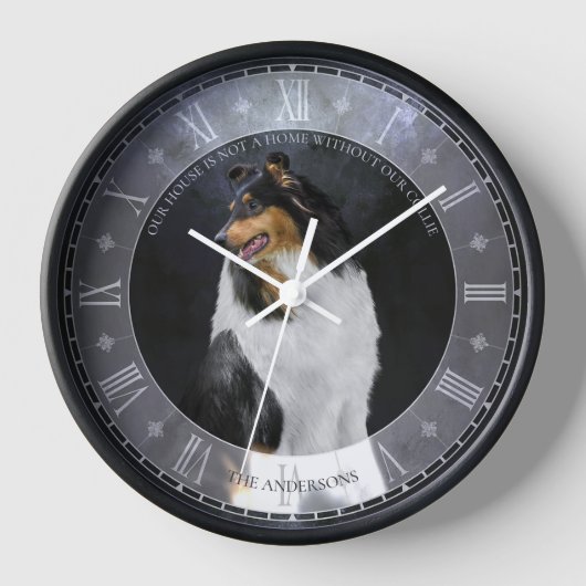 Tricolor Rough Collie Dog on Black, Roman Dial - Uhr (Vorderseite)