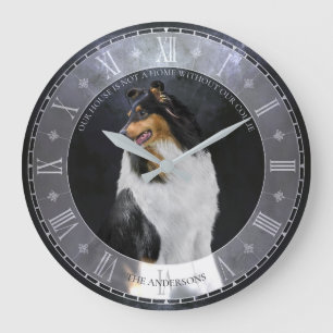 Tricolor Rough Collie Hund auf Schwarz, Römischer Große Wanduhr
