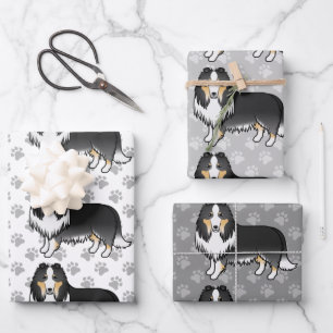 Tricolor Rough Collie Niedlich Cartoon Dog Muster Geschenkpapier Set