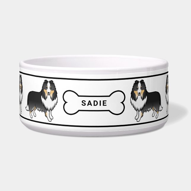 Tricolor Sheltie Hunde mit Knochen und Namen Napf (Vorderseite)