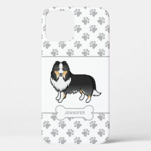 Tricolor Sheltie mit Pfoten, Hundeknochen und Name Case-Mate iPhone Hülle