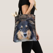 Tricolor Sheltie stellen gegenüber Tasche (Von Nahem)