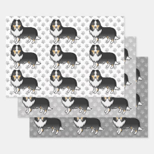 Tricolor Shetland Sheepdog Cartoon Dog Muster Geschenkpapier Set