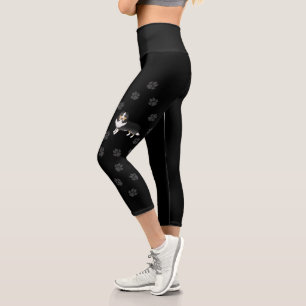 Tricolor Shetland Sheepdog Cartoon Dog & Paws Capri Leggings