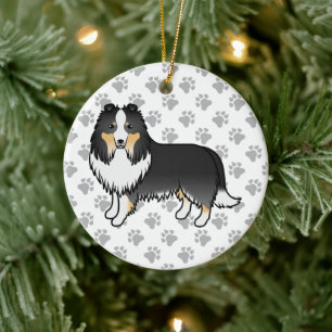 Tricolor Shetland Sheepdog Cartoon Hund & Pfoten Keramik Ornament