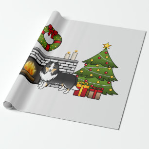 Tricolor Shetland Sheepdog Hund in einem Weihnacht Geschenkpapier