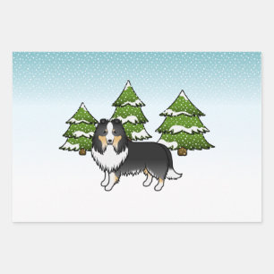 Tricolor Shetland Sheepdog in einem Winterwald Geschenkpapier Set
