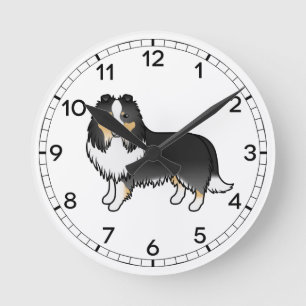 Tricolor Shetland Sheepdog Sheltie Cartoon Hund Runde Wanduhr