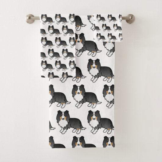 Tricolor Shetland Sheepdog Sheltie Dog Muster Badhandtuch Set (Insitu)