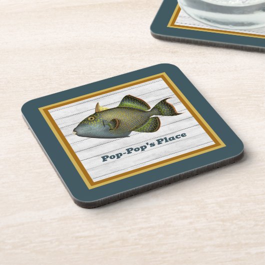 Triggerfisch in Aquamarinem Gold und Orange mit Na Getränkeuntersetzer (Linke Seite)