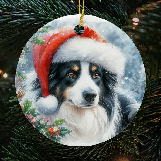 Trikolore Border Collie Weihnachtsmannmütze Weihna Keramik Ornament