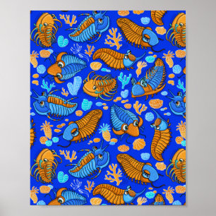 Trilobites on dark blue background (kids pattern) poster