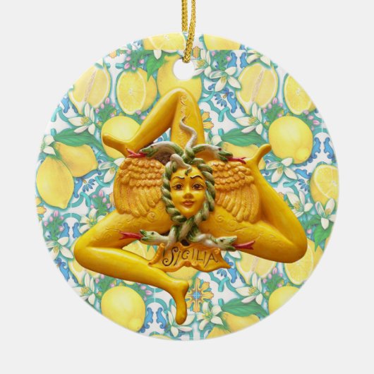 Trinacria Sicily Sicilia Italien Pride Lemon Blue Keramik Ornament (Vorne)
