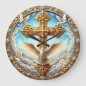Trinity Dove Cross Golden Wall Große Wanduhr (Vorderseite)