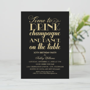 Trinke Champagner Tanz Schwarz Gold Glitter Einladung