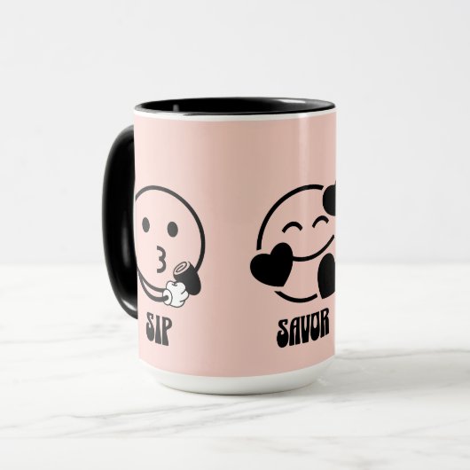 "Trinke, genieße, lächle" Tasse (Vorderseite Links)