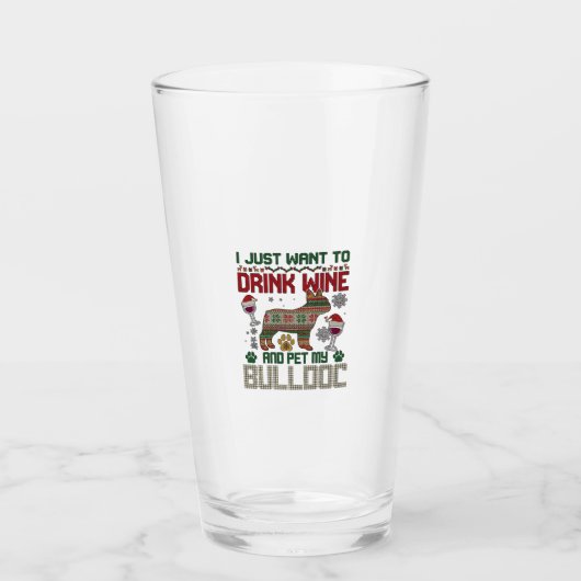 Trinke Wein Bulldogge Hund hässlicher Pullover Wei Glas (Vorderseite)