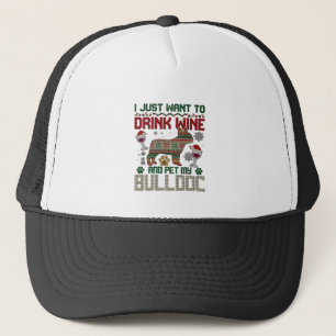 Trinke Wein Bulldogge Hund hässlicher Pullover Wei Truckerkappe