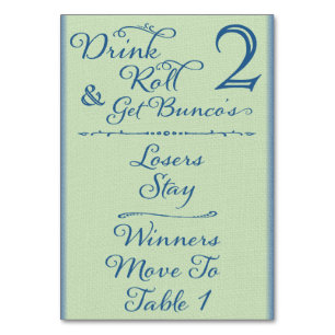 Trinken, rollen und Bunco's Table Card Nr. 2 herun Tischnummer