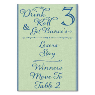 Trinken, rollen und Bunco's Table Card Nr. 3 herun Tischnummer
