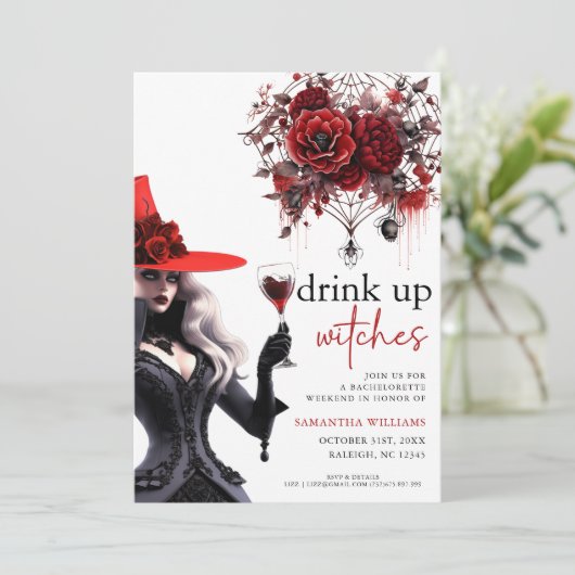 Trinken Sie Hexen gotischen Junggeselinnen-Abschie Einladung (Stehend Vorderseite)