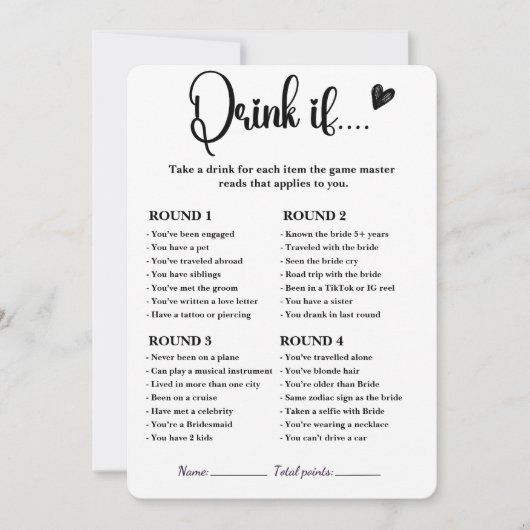 Trinken Sie, wenn Brautparty Game Moderne Elegante Einladung (Vorderseite)