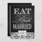 Trinken und Verheiratet mit schwarz-weißem Damast Einladung (Vorne/Hinten)