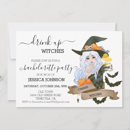 Trinkhexen Junggeselinnen-Abschied Halloween Einladung (Vorderseite)