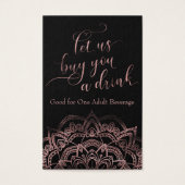 Trinkkarten, elegante Rose Gold Script & Mandala (Vorderseite)