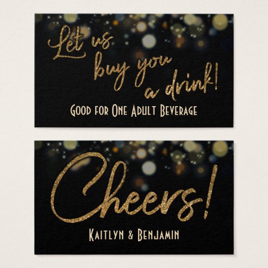 Trinkkarten, Gold Glitzer auf Black & Gold Bokeh (Vorne & Hinten)
