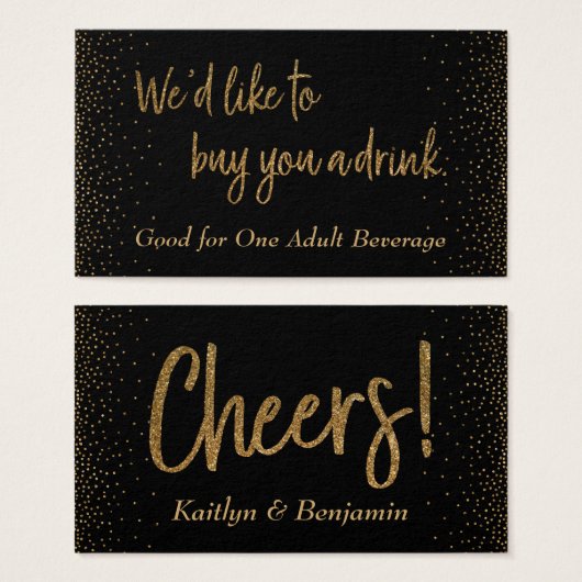 Trinkkarten, Gold Glitzer Script & Confetti (Vorne & Hinten)