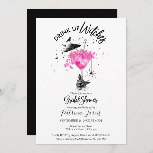 Trinkt Hexen heiß rosa Halloween-Brautparty Einladung (Vorne/Hinten)