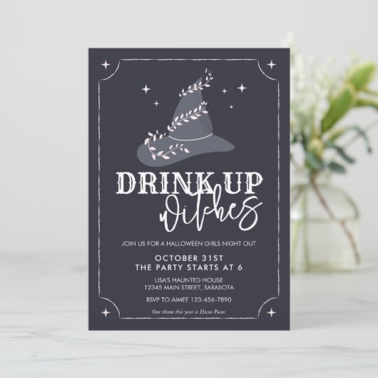 Trinkt Hexen mit Hexenhut-Halloween-Party Einladung (Stehend Vorderseite)