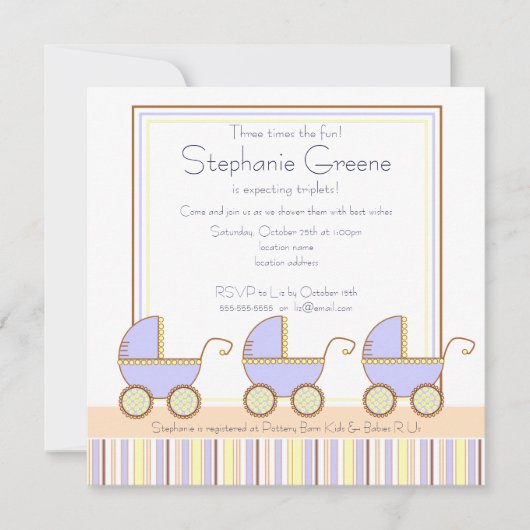 Trio Carriage Triplets Boy Baby Shower Einladung (Vorderseite)