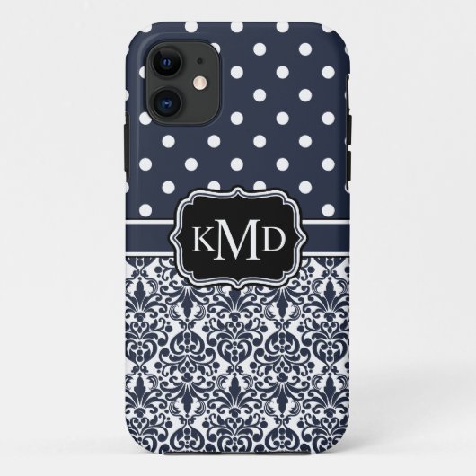 Trio Mit Monogramm Navy Damask Case-Mate iPhone Hülle (Rückseite)