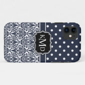 Trio Mit Monogramm Navy Damask Case-Mate iPhone Hülle (Rückseite (Horizontal))