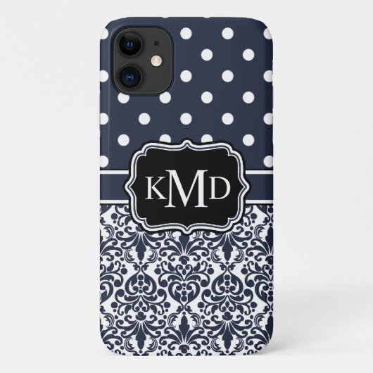 Trio Mit Monogramm Navy Damask Case-Mate iPhone Hülle (Rückseite)