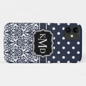 Trio Mit Monogramm Navy Damask Case-Mate iPhone Hülle (Rückseite (Horizontal))
